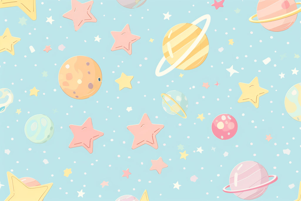 Design file of pastel space wallpaper pattern showing detailed planets and stars