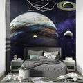 Space mural wallpaper with Jupiter design showcased in modern kids bedroom with telescope