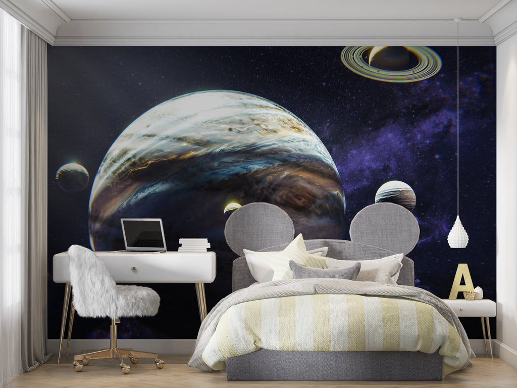 Planetary system wallpaper creating cosmic atmosphere in gaming room
