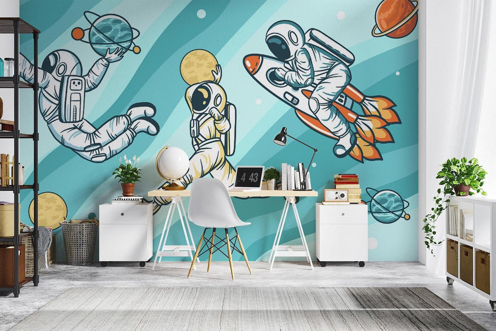 Space themed wallpaper with playful astronauts displayed in a modern kids bedroom, creating an inspiring learning environment