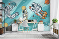 Space themed wallpaper with playful astronauts displayed in a modern kids bedroom, creating an inspiring learning environment