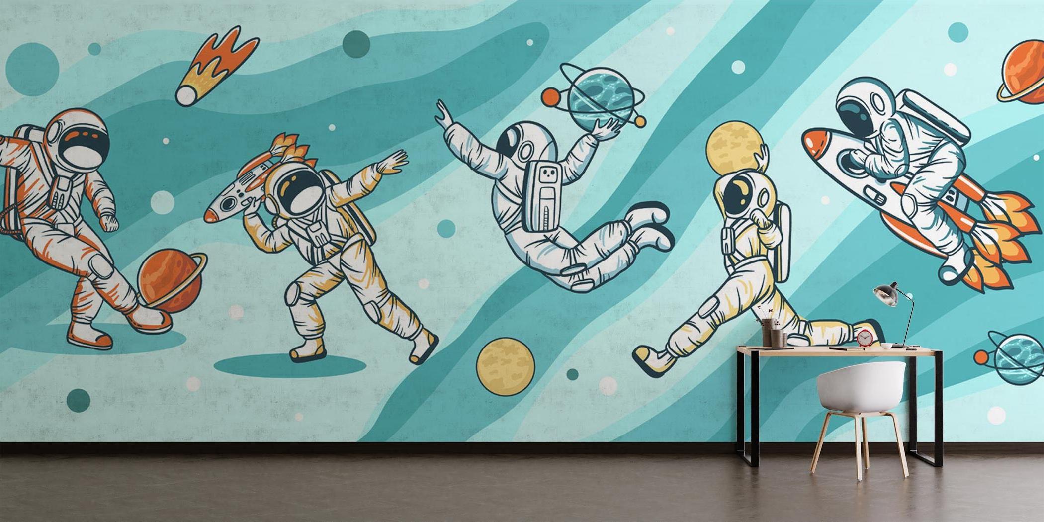 Astronaut wall mural bringing cosmic adventure to life in a cozy playroom setting with reading nook