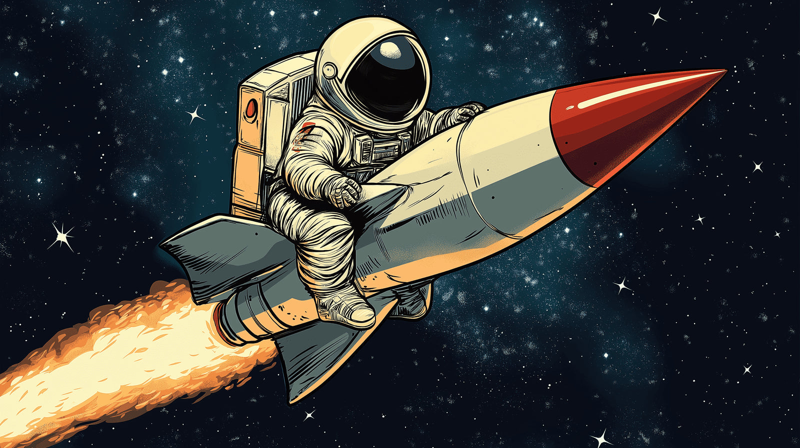 Retro space adventure design file featuring vintage astronaut and red rocket illustration on starry background