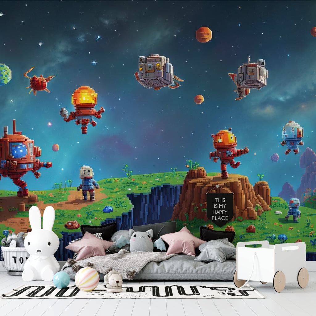 Home office space decorated with retro gaming wallpaper showing pixel art space scene
