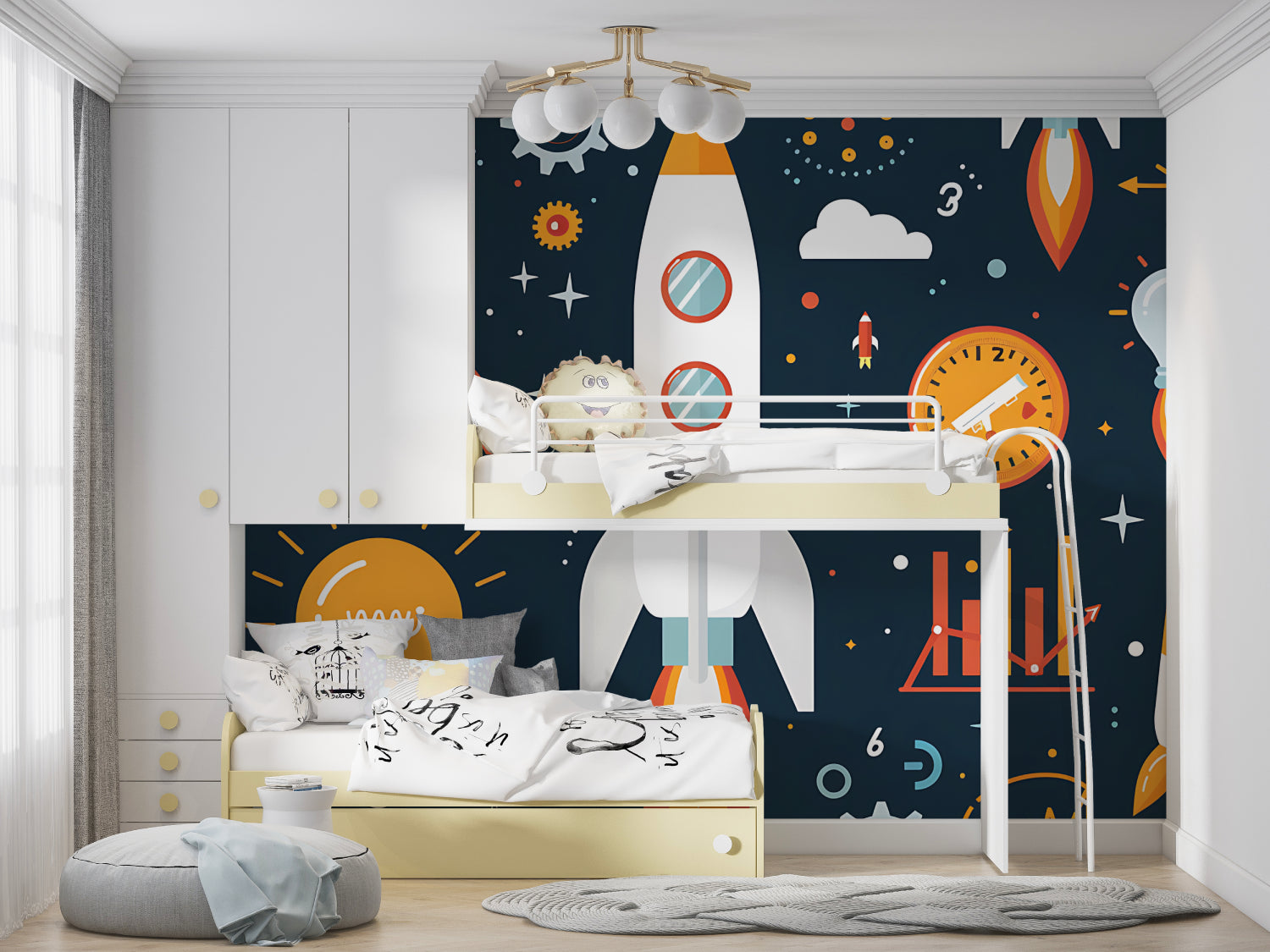 Rocket ship mural wallpaper displayed in a playroom with educational corner setup