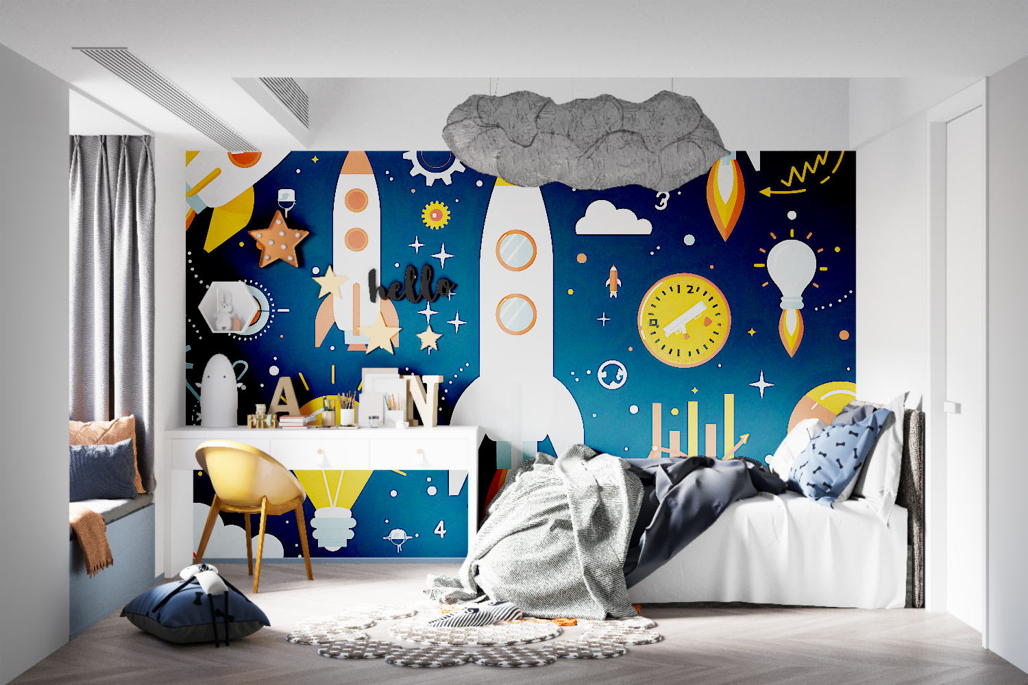 Space themed wallpaper transforming a study area with cosmic inspiration