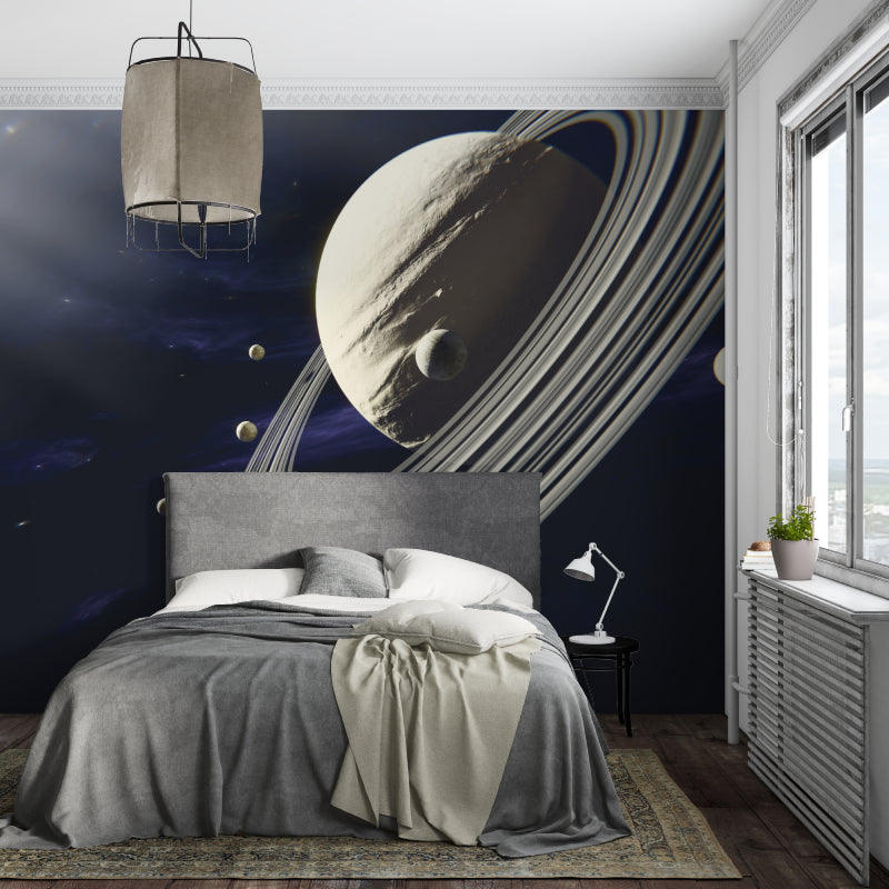 Space wallpaper with Saturn in modern kids bedroom, showing glowing rings against dark blue background