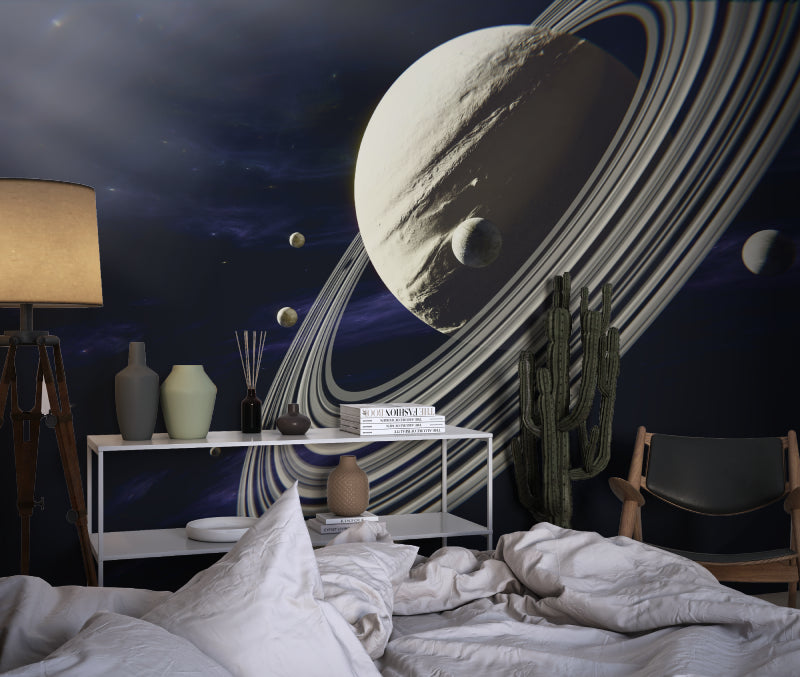 Galaxy wallpaper with Saturn installed in modern home office space