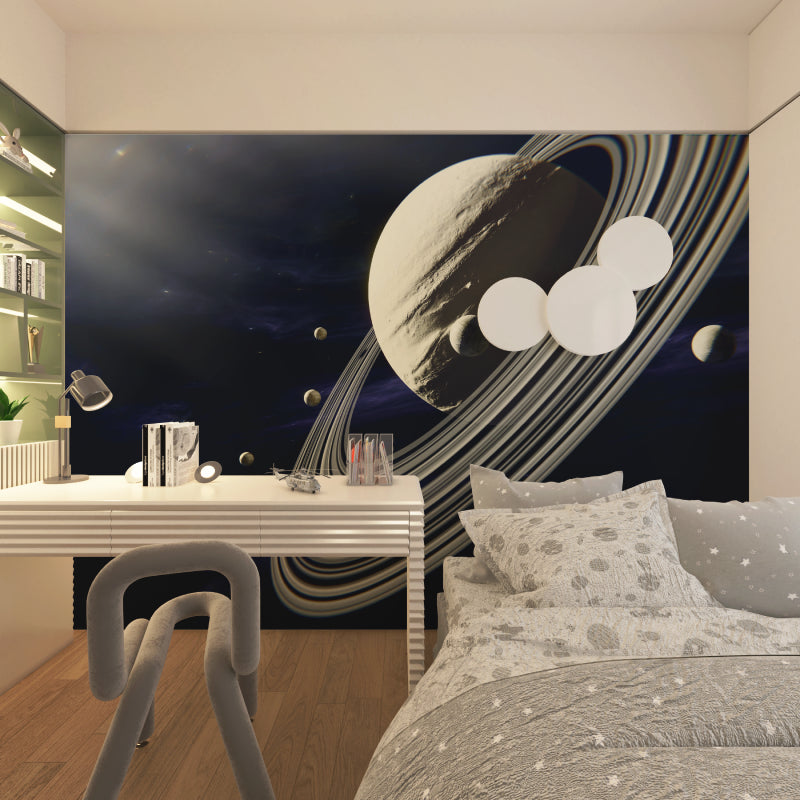 Space universe wallpaper featuring Saturn in cozy reading nook