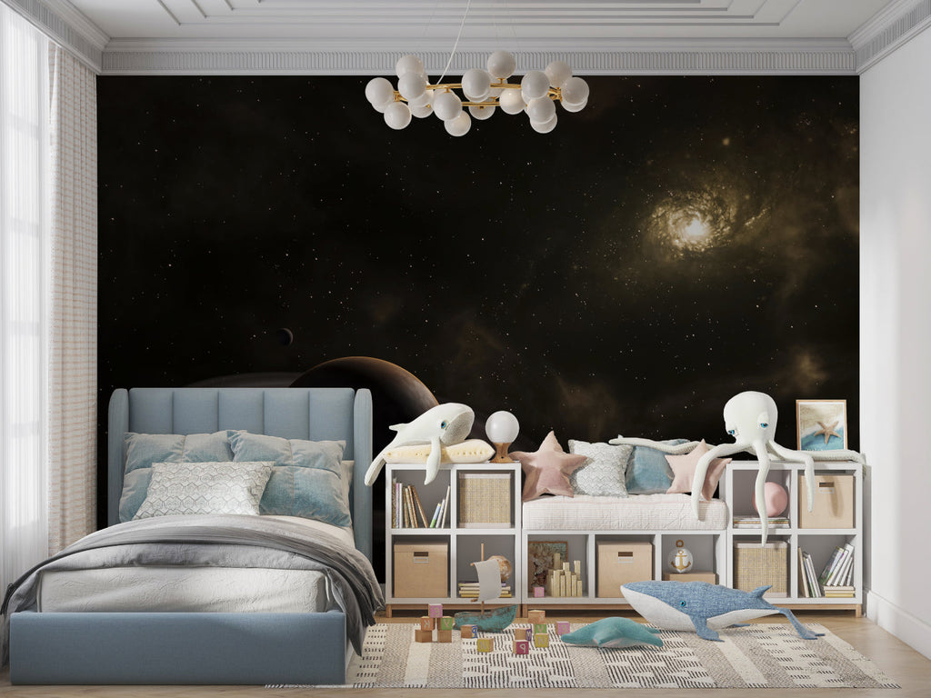 Space-themed wall mural with Saturn bringing wonder to a home office setup