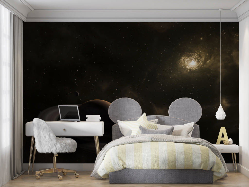 Cosmic Saturn wallpaper adding depth to a teen's study room