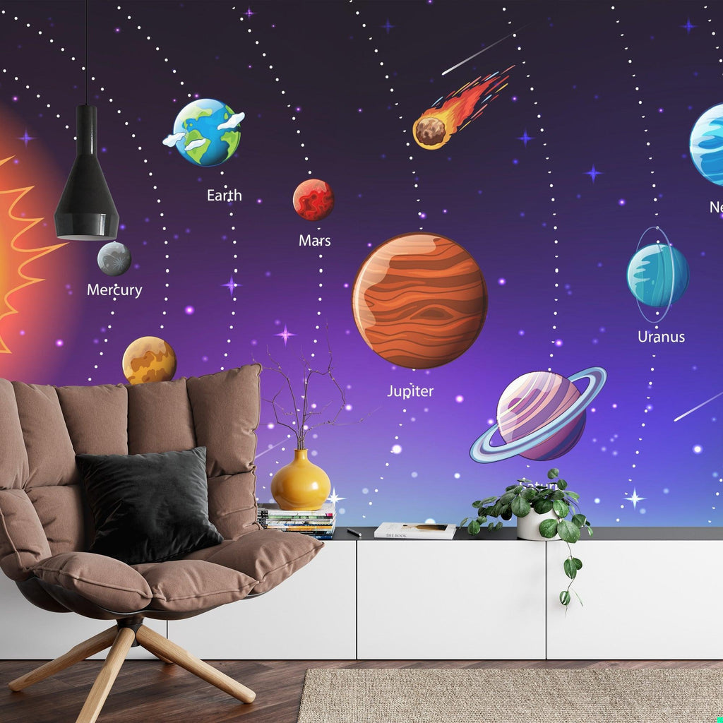 Space mural wallpaper with planets and stars creating a magical atmosphere in a modern kids bedroom