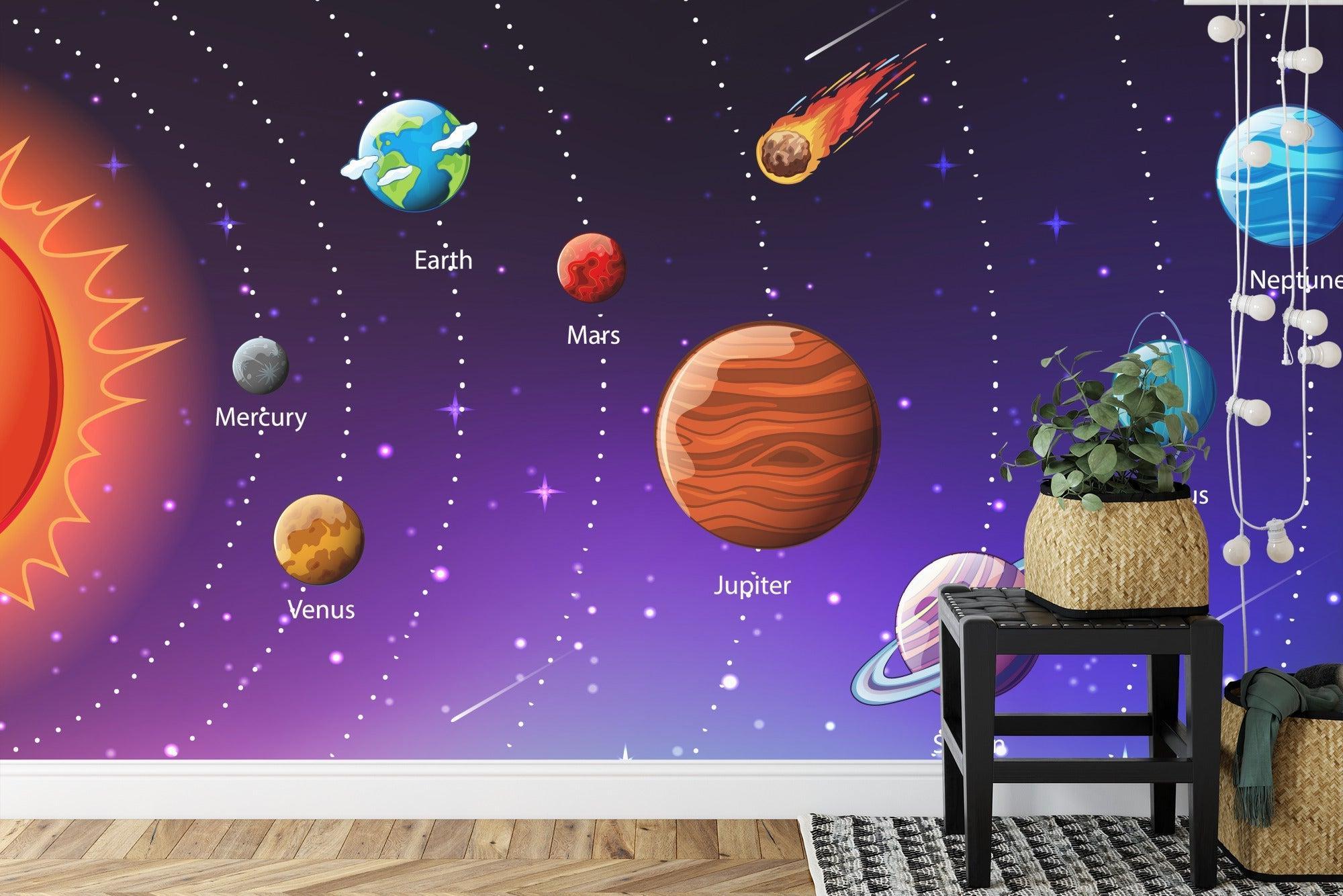 Solar system wallpaper bringing cosmic wonder to a cozy study room with purple and blue tones