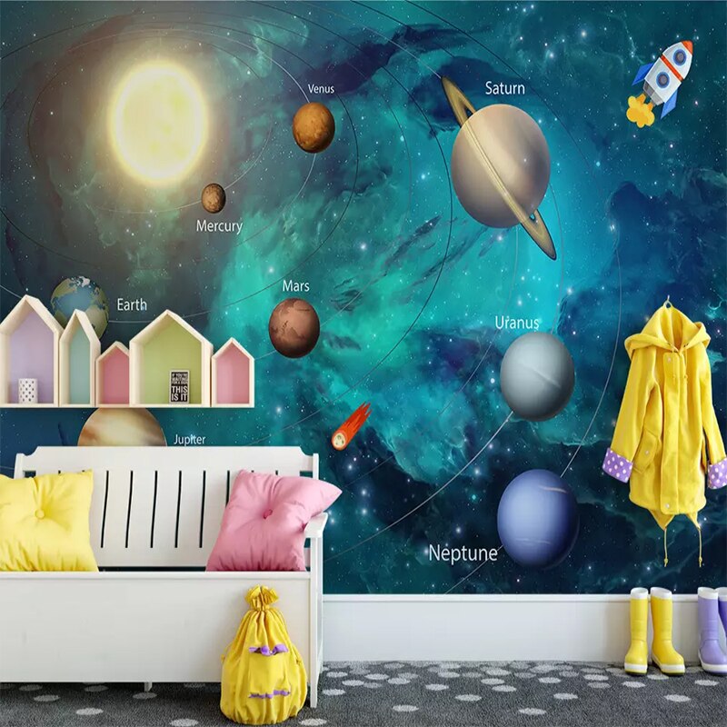 Space themed wall mural in gaming room showing full wall coverage