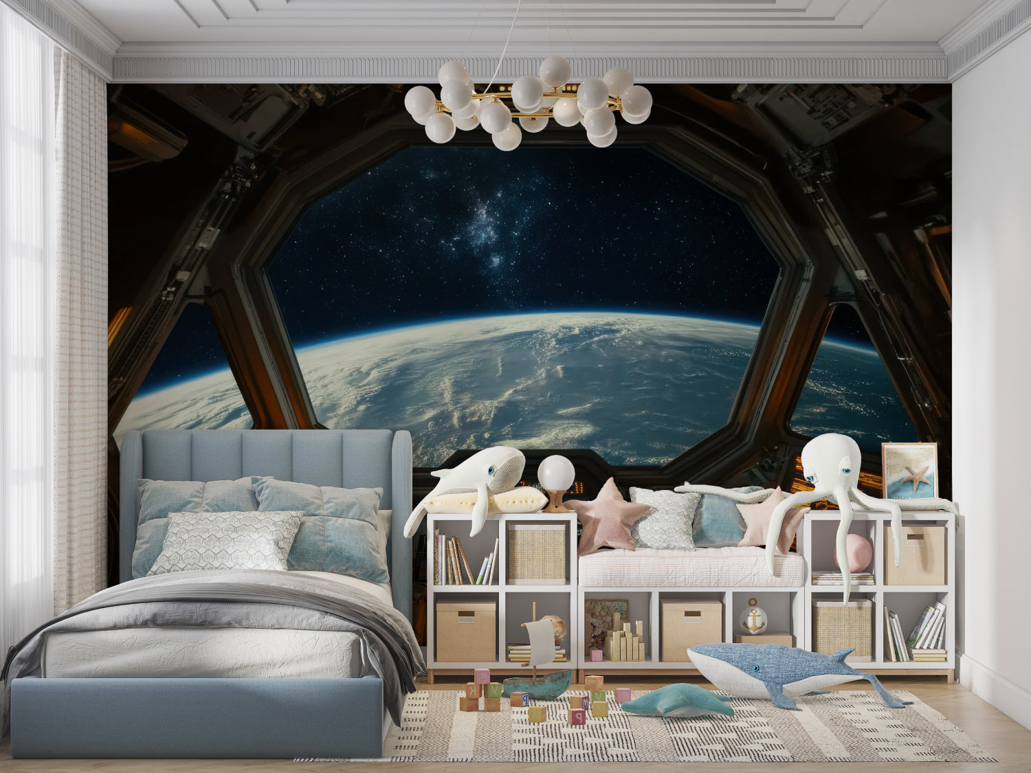 Spacecraft window mural creating depth in home office with Earth view