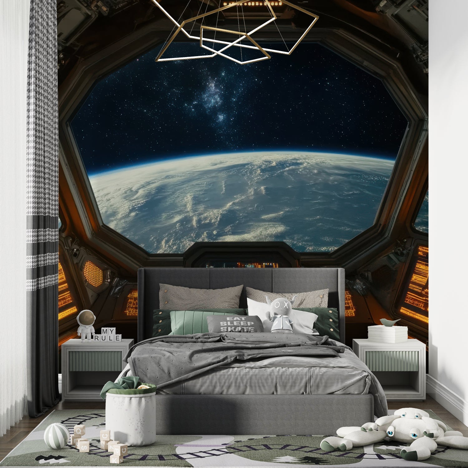 Kids bedroom with space station window wallpaper showing planet Earth
