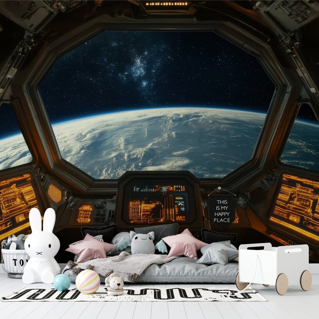 Gaming room featuring Earth view space station window mural
