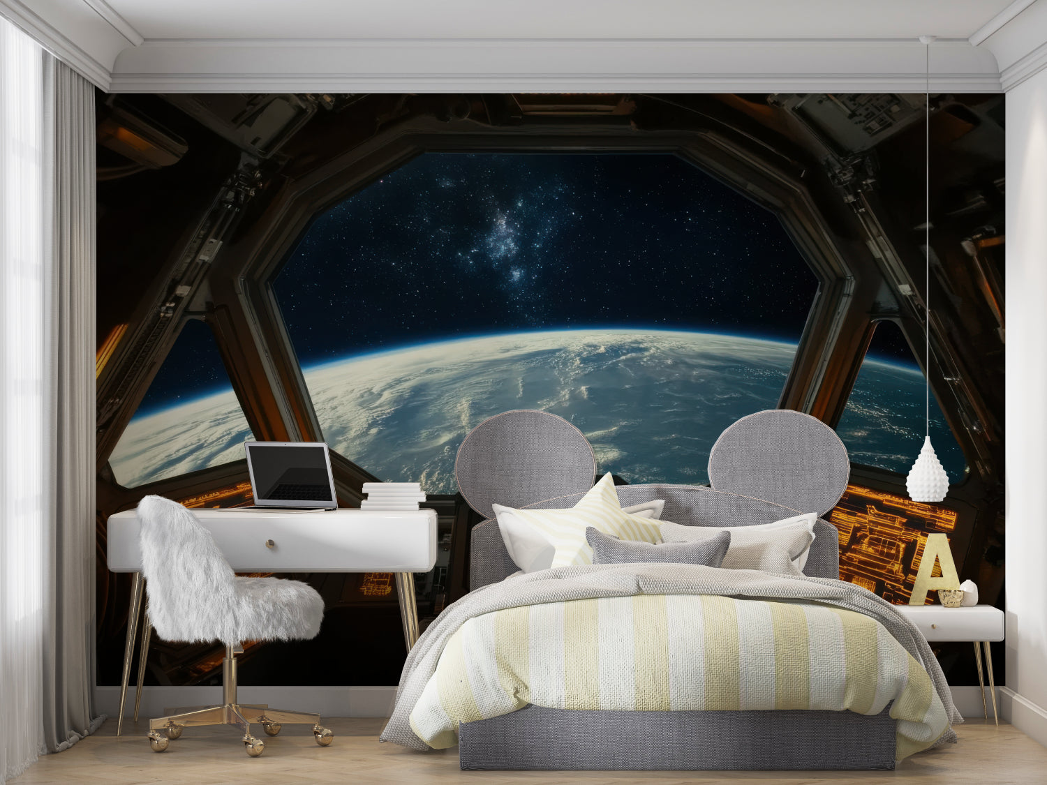 Space themed study with spacecraft window Earth view wallpaper