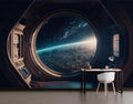 Space window mural wallpaper in modern living room with floating furniture creating astronaut viewing experience