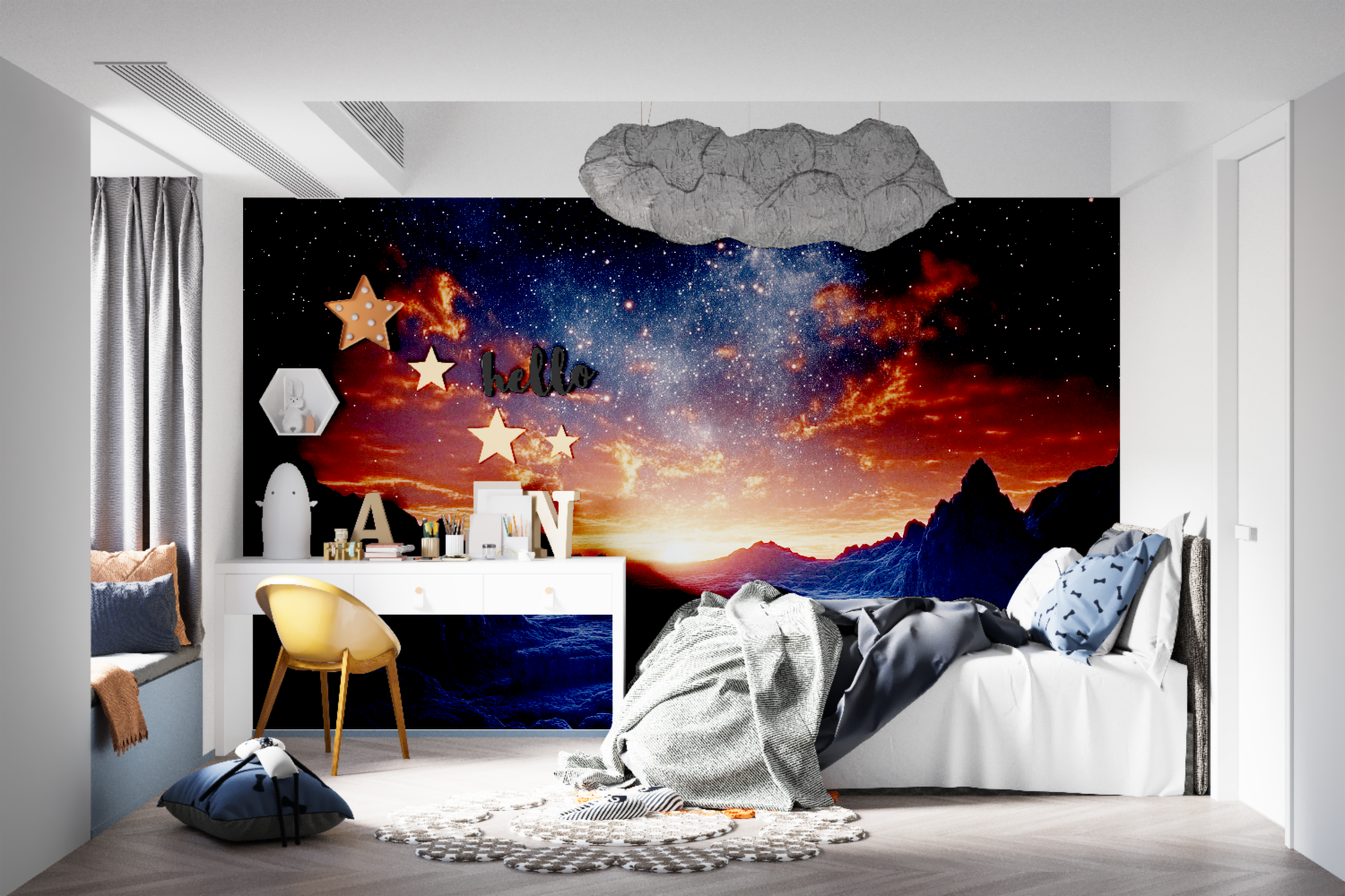 Cosmic wallpaper design in home office with starry night theme