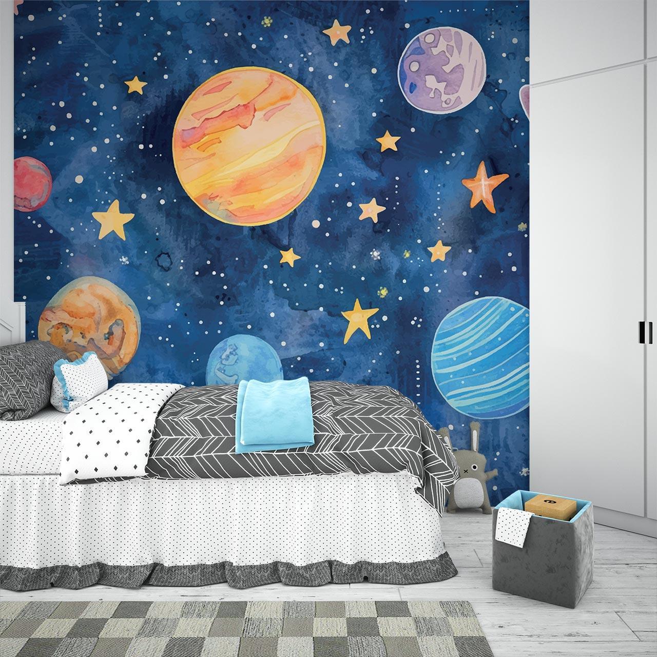 Galaxy wall mural bringing cosmic wonder to a cozy nursery with floating shelves and star lights