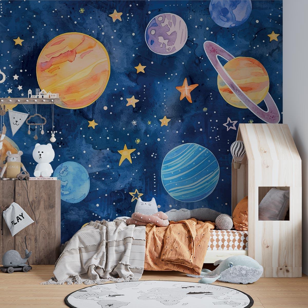 Watercolor planet wallpaper transforming a playroom into an imaginative space adventure zone