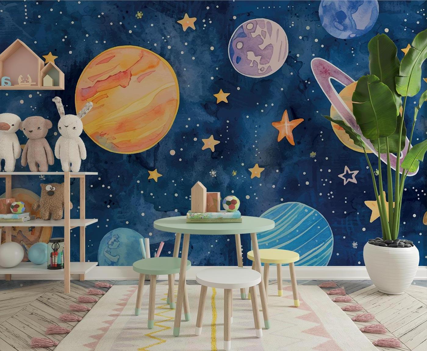 Space-themed mural adding depth to a teen study room with minimalist furniture