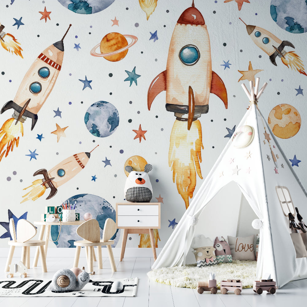Study area with cosmic wallpaper design showcasing watercolor space elements