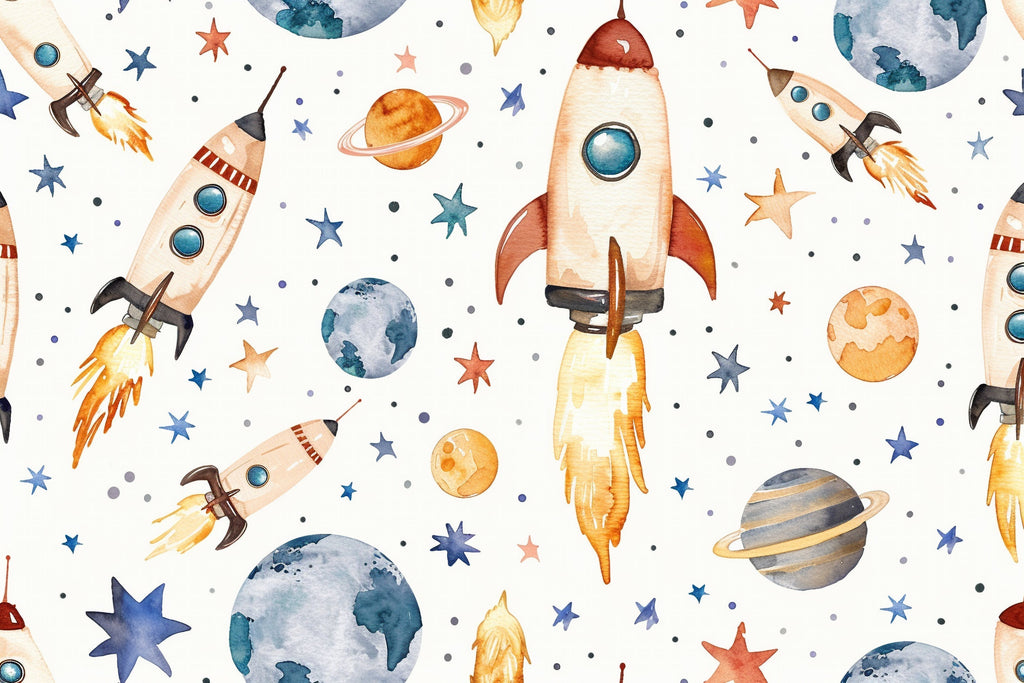 Space theme wallpaper design file showing complete pattern of watercolor rockets and dreamy planets