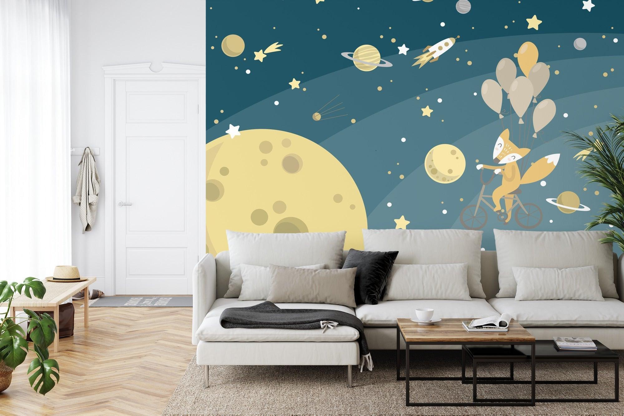 Kids bedroom featuring magical space mural with cycling fox and planets, perfect for storytelling corner