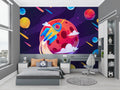 Space rocket wallpaper bringing cosmic adventure to a modern kids bedroom with blue and yellow accents