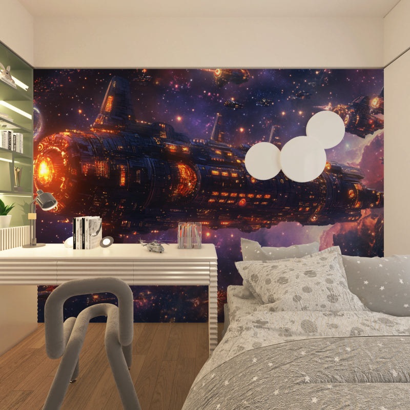 Space battle cruiser wallpaper creating a stunning focal point in modern gaming room with LED ambient lighting