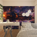 Space battle cruiser wallpaper creating a stunning focal point in modern gaming room with LED ambient lighting