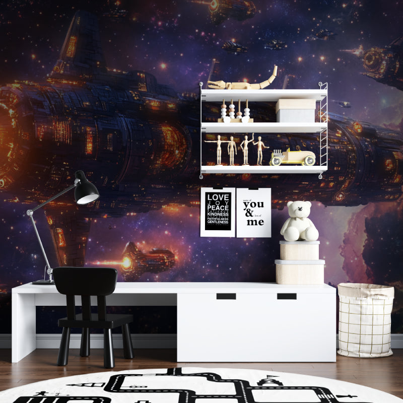 Galactic battle cruiser mural transforming a teen bedroom with purple nebula backdrop