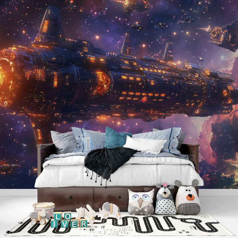 Space ship wall mural adding depth to home office with dramatic purple cosmic scene