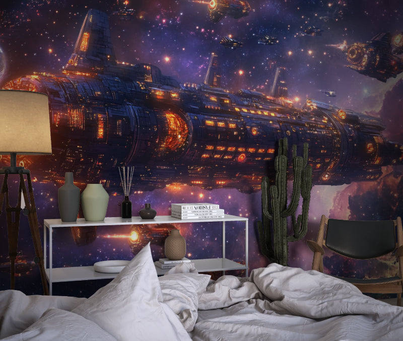 Battle cruiser wallpaper creating sci-fi atmosphere in child's bedroom