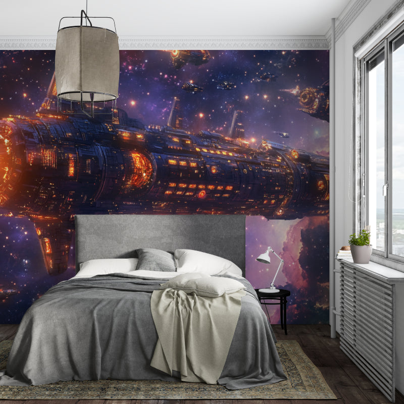 Space themed mural installation in modern living room showing scale and impact
