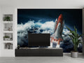 Space shuttle wallpaper creating depth in modern living room with grey sofa and minimal decor