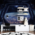 Space station wallpaper creating cosmic atmosphere in modern living room with floating furniture