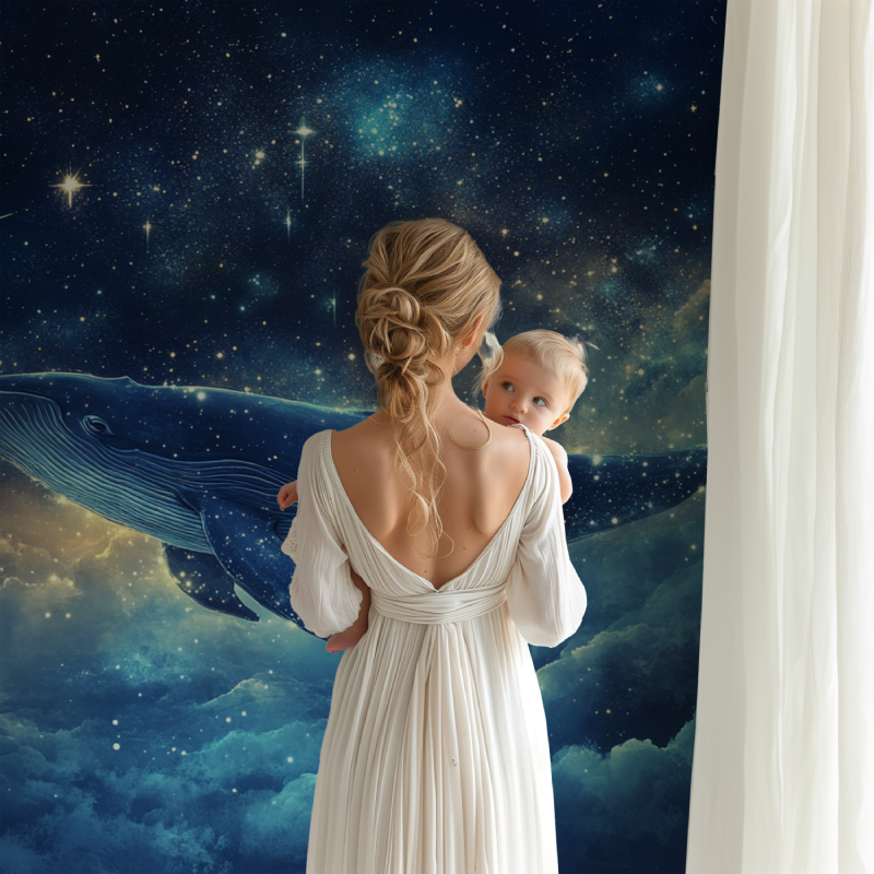Space whale wallpaper in cozy nursery with soft lighting showing celestial design