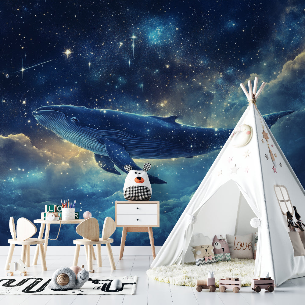Modern bedroom showcasing celestial whale mural in evening light