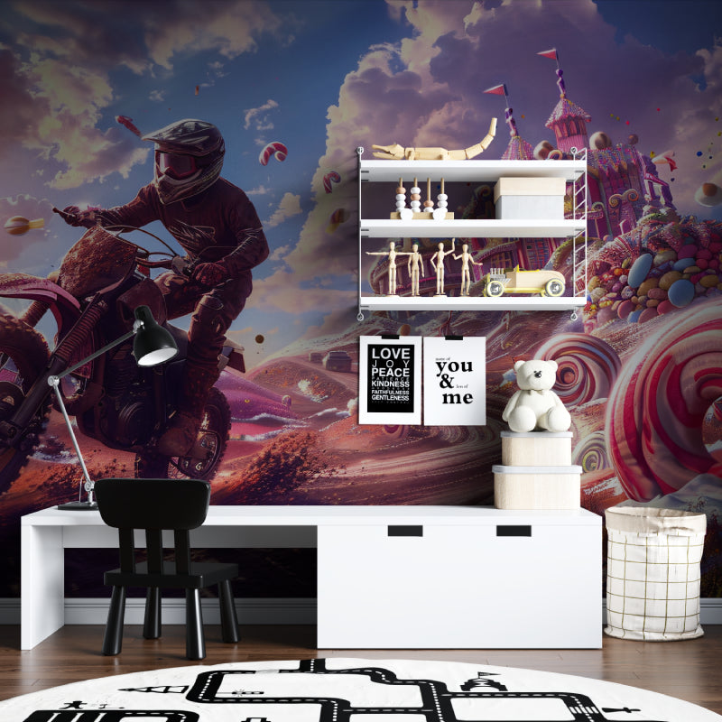 Motocross fantasy wallpaper bringing excitement to a modern kids bedroom with pink and purple tones
