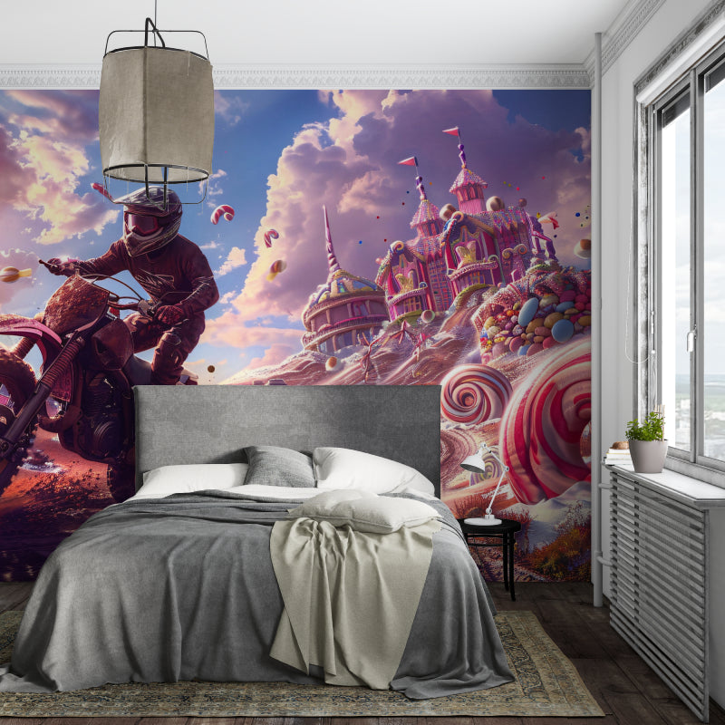 Sports wall mural showcasing fantasy motocross design in a teen gaming room