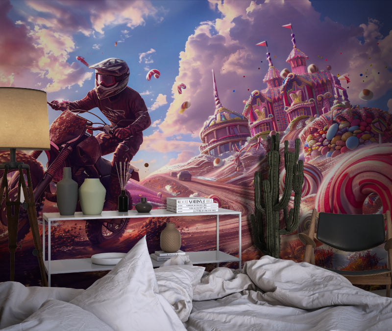 Fantasy motocross wallpaper transforming a playroom with magical castle elements