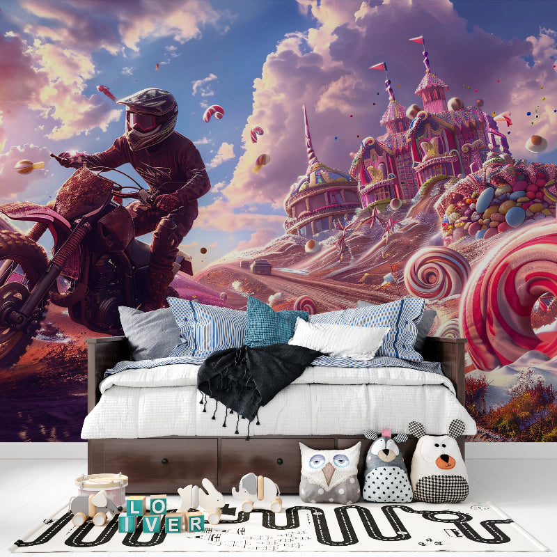 Motocross castle wallpaper adding character to a children's study space