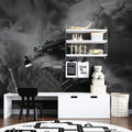 Black and white Rally Car Mural Wallpaper showcased in a modern living room setting with minimalist furniture