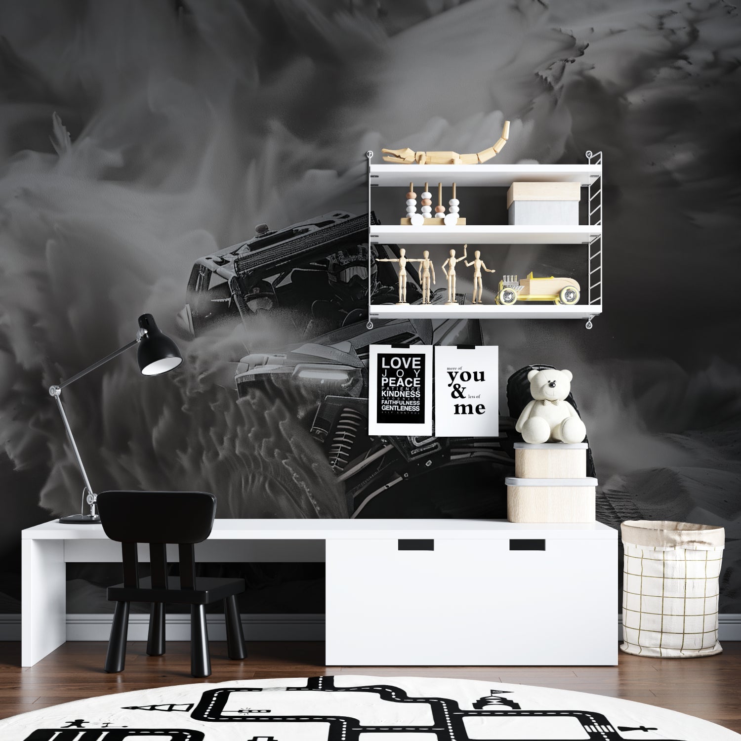 Black and white Rally Car Mural Wallpaper showcased in a modern living room setting with minimalist furniture