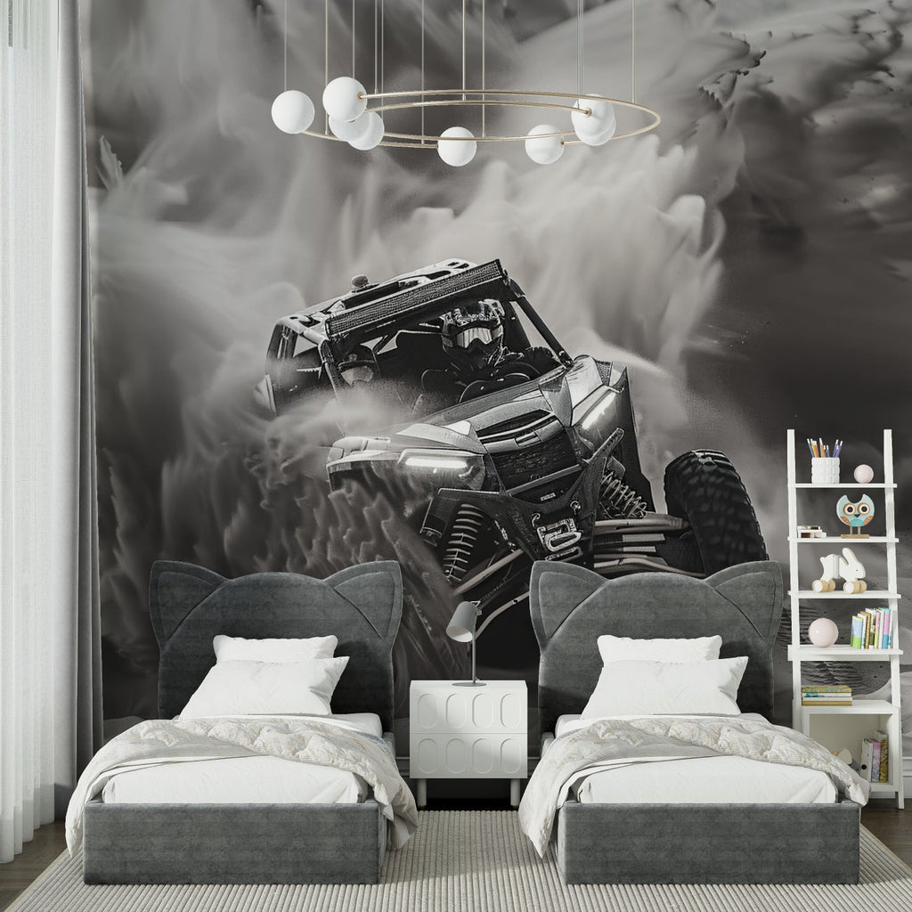 Sports car mural displayed in a home office with contemporary decor and lighting