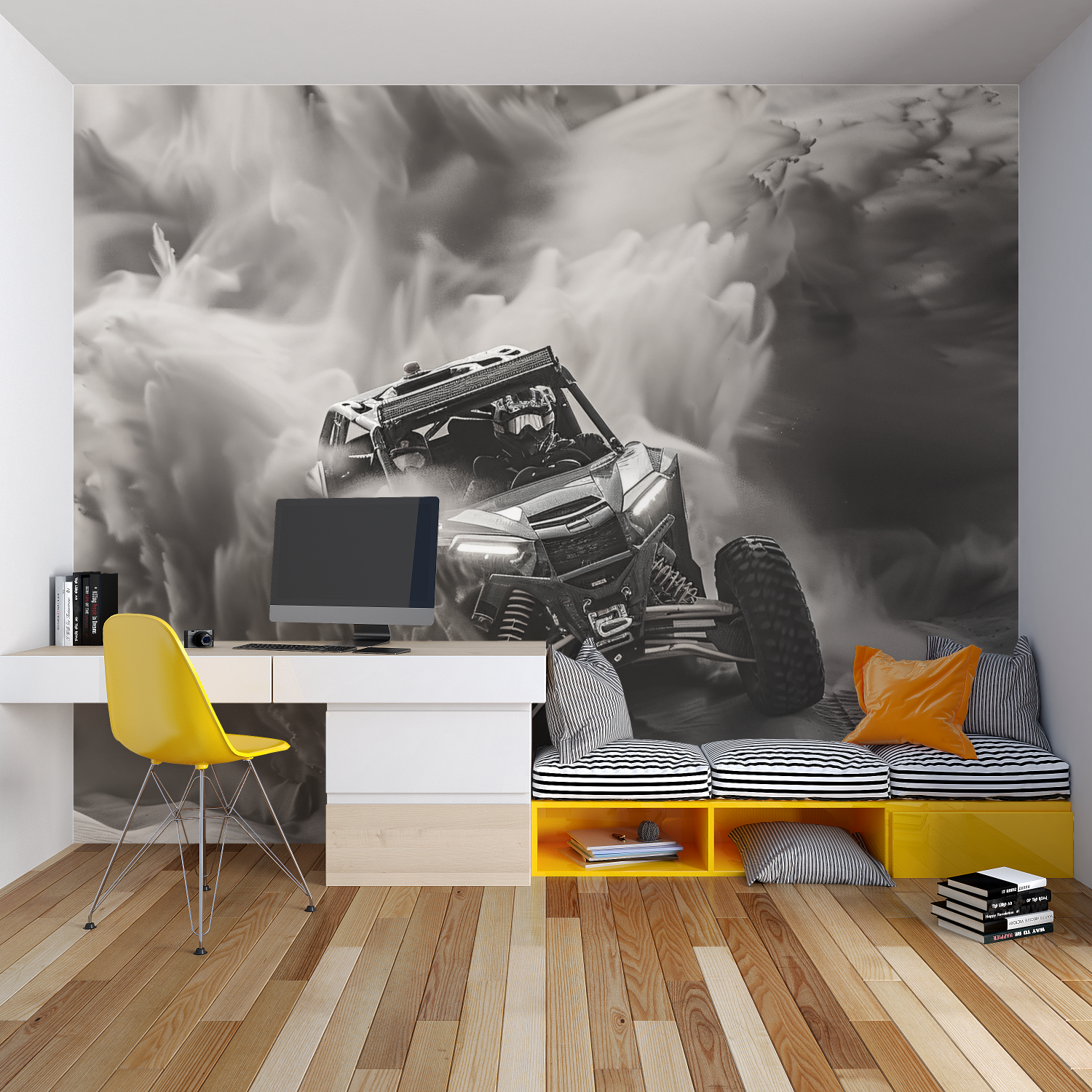Monochrome racing mural installation in a man cave entertainment space