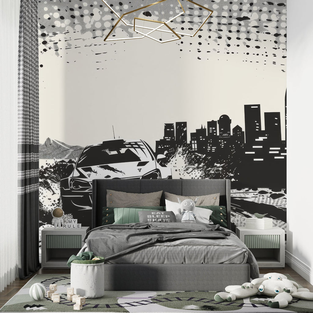 Sports car mural displayed in gaming room with sleek monochrome racing theme